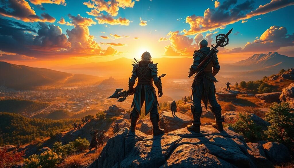 A vibrant fantasy landscape depicting a character at the forefront, showcasing the freedom of character development in an MMO setting. The character, adorned in customizable armor and wielding a unique weapon, stands confidently on a rocky outcrop, surveying the horizon. In the middle ground, a diverse array of mythical creatures and other adventurers engaged in various activities highlight the game's lively environment. The background features a sprawling, picturesque vista of mountains and forests under a colorful sunset sky, casting warm, golden light across the scene. The atmosphere conveys excitement and adventure, inviting players to imagine their own journeys. The composition is framed from a low angle, emphasizing the character's role as a hero. This image is created for the article by tylkommo.pl.