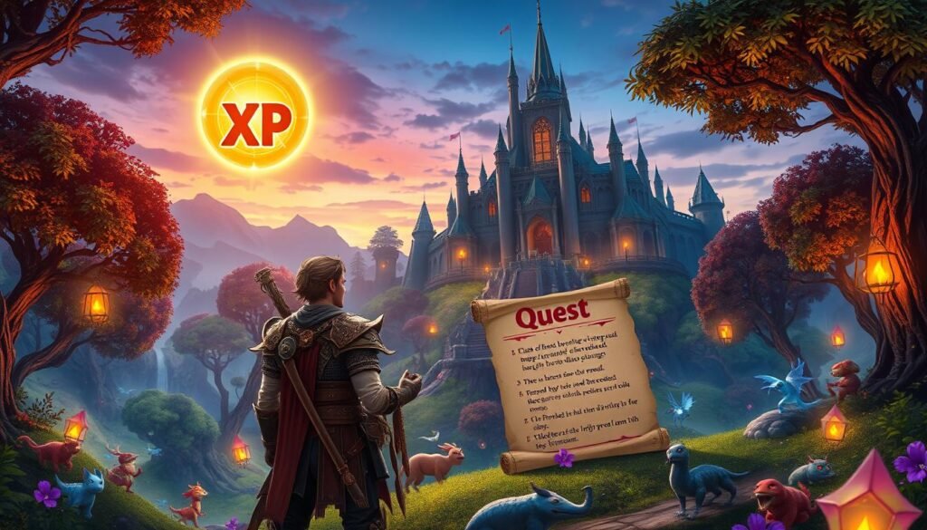 A vibrant fantasy landscape depicting a character immersed in a quest for experience points (XP) in a role-playing game. In the foreground, a determined adventurer clad in intricate, armor-like attire stands poised, a glowing orb symbolizing XP hovering above an open scroll marked with quest details. The middle ground features a lush, enchanted forest filled with various creatures and collectibles, symbolizing tasks waiting to be completed. In the background, a majestic castle rises against a twilight sky, illuminated by soft, golden lights, adding a sense of achievement and adventure. The atmosphere exudes excitement and ambition, showcasing the essence of character progression and the thrill of quests in a vibrant, magical world. The scene is captured with a slight upward angle, enhancing the sense of adventure.