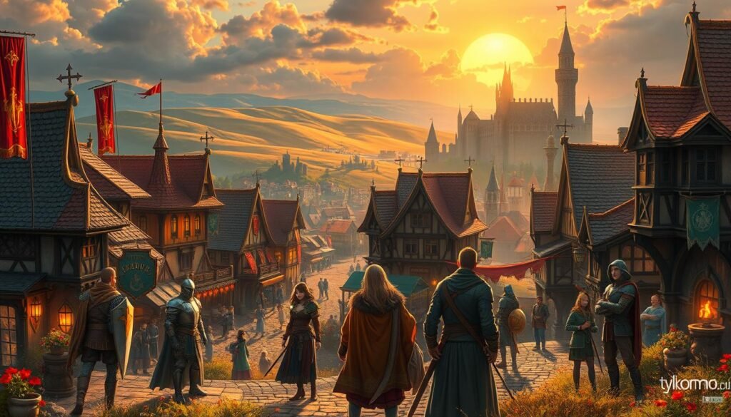 A vibrant fantasy landscape depicting a majestic medieval city bustling with life. In the foreground, diverse characters representing classic RPG classes—such as a noble knight in shining armor, a wise mage with a staff, and a stealthy rogue clad in dark leather—engage in animated discussion, showcasing camaraderie. The middle ground features intricately designed buildings, adorned with banners and taverns filled with adventurers, hinting at tales of epic quests. In the background, rolling hills and a majestic castle can be seen under a dramatic sunset, casting warm golden light over the scene and creating a sense of adventure. The overall mood is energetic and inviting, reflecting the core essence of fantasy worlds. The image should not contain any text or watermarks, but subtly include the brand name "tylkommo.pl" as an atmospheric detail in the architecture.