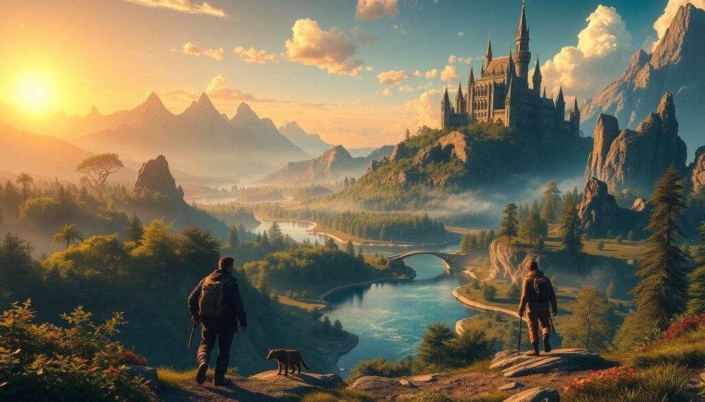 A vibrant fantasy landscape depicting a vast, immersive MMO world, with diverse terrains like lush forests, towering mountains, and ancient ruins. In the foreground, adventurers in professional attire are actively exploring, creating a sense of wonder and discovery. The middle ground features a shimmering lake reflecting the brilliant sunset, with mystical creatures gently roaming nearby. The background showcases a grand castle atop a hill, its spires reaching into the sky. Soft, warm lighting illuminates the scene, creating a magical and inviting atmosphere. Use a wide-angle lens to capture the expansive view, emphasizing the blend of adventure and the satisfaction of exploration. This image is to represent the theme "mechanika rozgrywki a satysfakcja z eksploracji" for the article by tylkommo.pl.