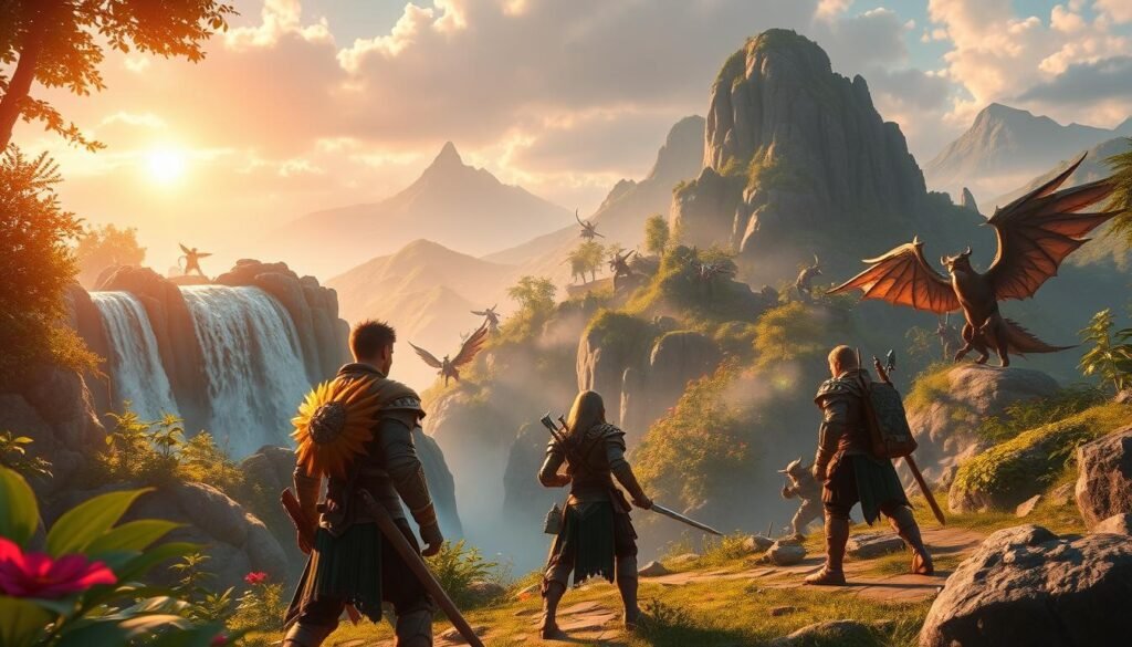 A vibrant fantasy landscape depicting an expowisko in Metin2, where players engage in intense leveling activities. In the foreground, a group of three adventurers in modest fantasy armor, focused and determined, battle against mythical creatures surrounded by lush foliage and glimmering treasures. The middle ground features a shimmering waterfall cascading down a rocky cliff, creating a mystical ambiance. The background reveals distant mountains shrouded in mist, with warm sunlight filtering through the clouds, casting soft rays onto the scene. The atmosphere is energetic and exhilarating, capturing the essence of teamwork and adventure in a captivating gaming environment. The lighting is bright and dynamic, enhancing the vivid colors of the landscape, while the perspective is slightly elevated, providing a comprehensive view of the action-packed expowisko.