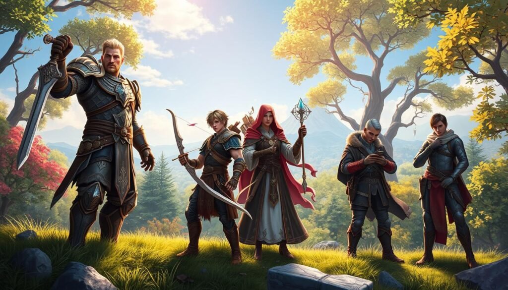 A vibrant fantasy landscape depicting four distinct character classes from an online RPG. In the foreground, a tall, muscular Warrior clad in ornate, heavy armor brandishes a sword, exuding strength, while a nimble Ranger with a sleek bow stands poised, wearing rugged leather attire. Nearby, a wise Spiritualist, draped in flowing robes enriched with mystical symbols, channels energy through a crystal staff. Finally, a cunning Specialist in practical gear examines gadgets and tools. The middle ground features a lush, enchanted forest, filled with ethereal lighting filtering through the trees, enhancing the magical atmosphere. The background displays distant mountains under a clear blue sky, creating depth. The scene conveys teamwork and adventure, focusing on camaraderie among the classes, suggesting an epic journey ahead. A vibrant fantasy landscape depicting four distinct character classes from an online RPG. In the foreground, a tall, muscular Warrior clad in ornate, heavy armor brandishes a sword, exuding strength, while a nimble Ranger with a sleek bow stands poised, wearing rugged leather attire. Nearby, a wise Spiritualist, draped in flowing robes enriched with mystical symbols, channels energy through a crystal staff. Finally, a cunning Specialist in practical gear examines gadgets and tools. The middle ground features a lush, enchanted forest, filled with ethereal lighting filtering through the trees, enhancing the magical atmosphere. The background displays distant mountains under a clear blue sky, creating depth. The scene conveys teamwork and adventure, focusing on camaraderie among the classes, suggesting an epic journey ahead.