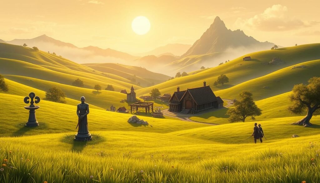 A vibrant fantasy landscape depicting various leveling spots for experience in a classic MMORPG setting. In the foreground, illustrate lush green fields dotted with distinct landmarks like healing fountains and training dummies. The middle ground features a small village with players in modest fantasy attire interacting with NPCs and gathering resources. Behind them, rolling hills transition into a distant mountain range, shrouded in a soft, enchanting mist. The lighting captures a warm, golden hour glow, enhancing the magical atmosphere. Use a wide-angle view to encompass the diverse environments suitable for leveling up, creating a sense of exploration and adventure. The overall mood should be inviting and inspirational, encouraging players to seek out these optimal spots for progression.