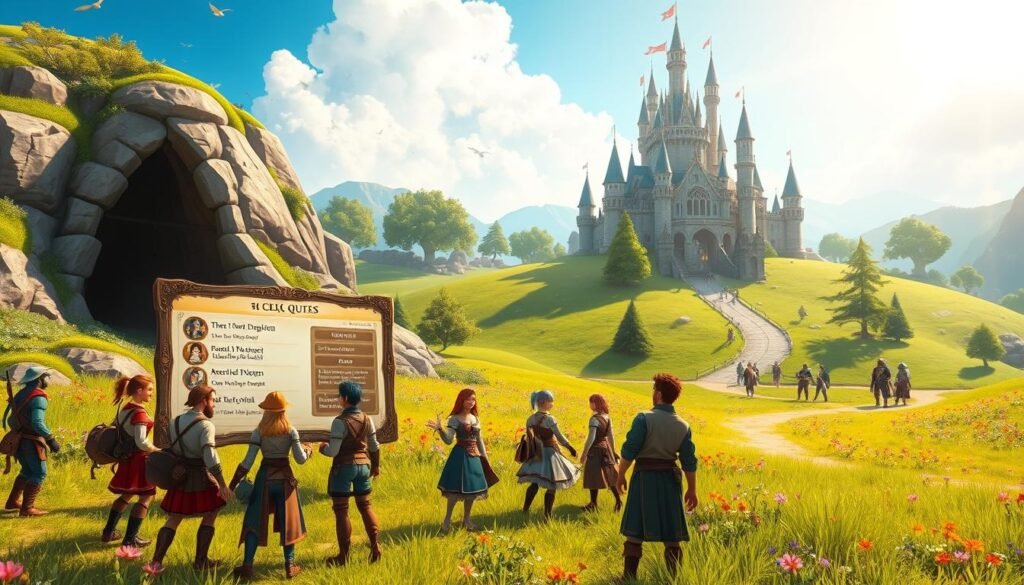 A vibrant fantasy landscape from the game Fiesta Online, showcasing an adventurous scene featuring characters engaged in various quests. In the foreground, a diverse group of players in modest casual fantasy attire are gathered around a glowing quest board, animatedly discussing their next objectives. In the middle ground, lush green fields dotted with colorful flowers lead to a dungeon entrance, with players preparing for a party expedition. The background features a majestic castle under a bright blue sky, casting warm sunlight across the scene, creating a welcoming atmosphere. Use a slightly elevated angle to capture the breadth of activity, with a focus on the interactions among the characters, evoking a sense of camaraderie and adventure. The overall mood should be uplifting and engaging, reflecting a sense of shared purpose in the quest for experience and leveling.