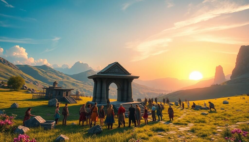A vibrant fantasy landscape inspired by classic MMORPGs, featuring a lush green field dotted with ancient ruins and mystical elements. In the foreground, a group of diverse adventurers in modest, colorful fantasy attire gathers around an ancient stone altar, preparing for battle against elemental creatures like fire and water spirits. The middle ground showcases a clear blue sky transitioning into a magical sunset, casting warm light across the scene. In the background, rolling hills and towering cliffs loom, adding depth to the environment. The mood is adventurous and energetic, capturing the excitement of exploration and experience gain in a classic gaming world. Soft, dynamic lighting enhances the sense of movement and action, while the angle is slightly elevated to provide a sweeping view of the landscape.