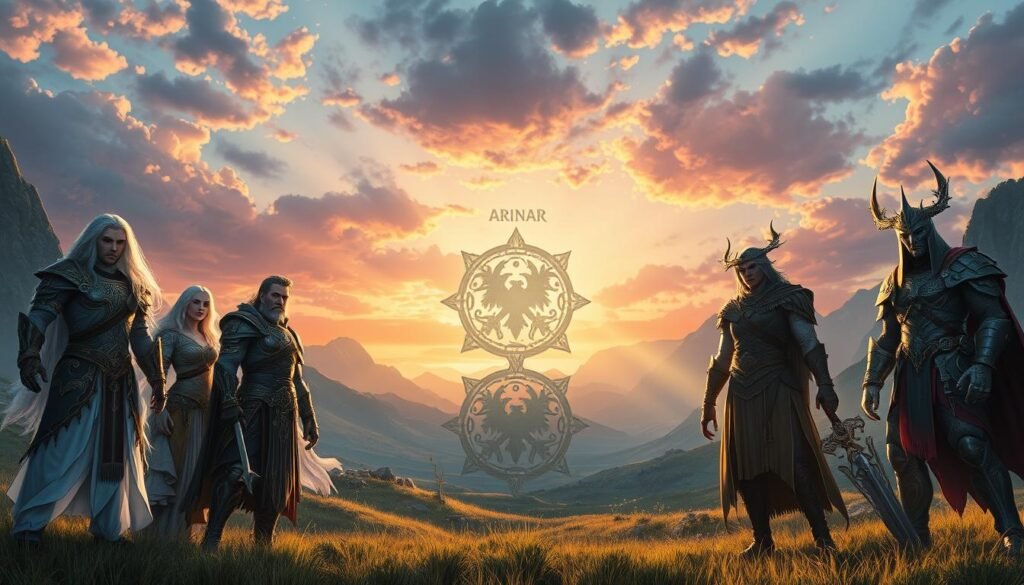 A vibrant fantasy landscape showcasing the four factions of Arinar: Chosen, Firstborn, Mountain Clans, and Forsaken. In the foreground, diverse characters from each faction stand proudly together, dressed in intricate armor and clothing that represent their unique identities. The Chosen have flowing, ethereal garments; the Firstborn display regal, ornate designs; the Mountain Clans exhibit sturdy, rugged attire; and the Forsaken embody a darker, mysterious aesthetic. In the middle ground, a detailed representation of their respective faction emblems is visible, interspersed with lush nature and mythical elements. The background features a dramatic sky at dusk, casting an enchanting light over the scene. The atmosphere is one of unity and strength, with soft rays of sunset illuminating the characters, creating a sense of camaraderie and anticipation.