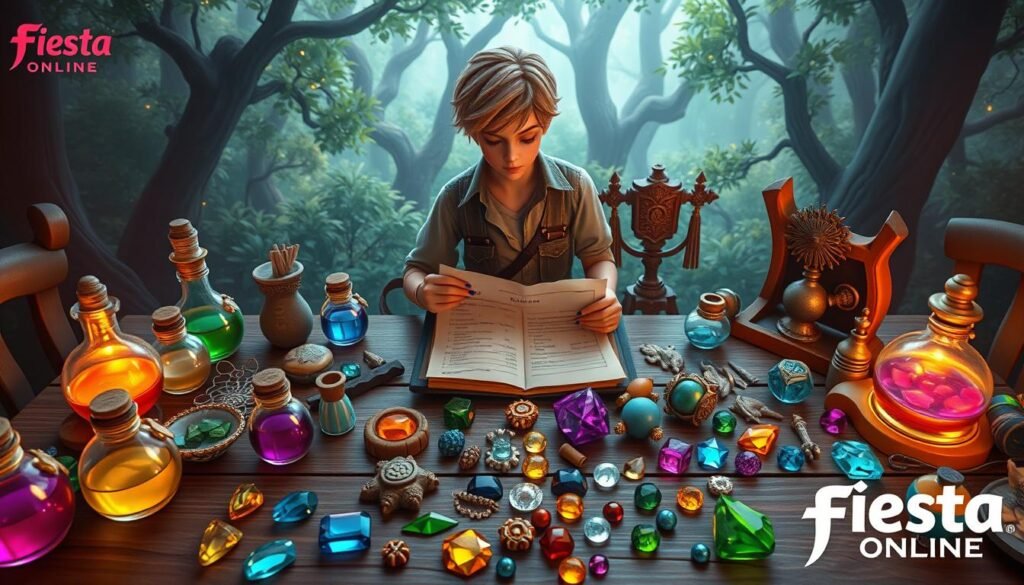 A vibrant fantasy scene depicting a tabletop covered with various crafting materials and tier items from the game Fiesta Online. In the foreground, colorful potions, glittering gems, and unique crafting resources are scattered artfully across the table. The middle layer features a skilled character in modest casual clothing, examining a crafting recipe scroll with a determined expression. They are surrounded by various completed items, showcasing the tiers of crafting achievements. The background reveals a lush, enchanted forest with sparkling lights filtering through the trees, adding a magical atmosphere. Soft, warm lighting creates an inviting ambiance, and the scene is viewed with a slight overhead angle to capture both the character's focus and the vibrant colors of the materials.