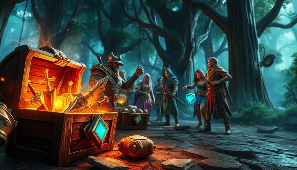 A vibrant fantasy scene depicting the concept of "drop graczy" in the world of Metin2. In the foreground, treasure chests bursting open, filled with glowing items like weapons and armor pieces, exuding a magical light. Delve into the rich texture of the chest wood and metallic items. In the middle ground, a diverse group of player characters, clad in colorful fantasy attire, enthusiastically exchanging items with each other, showcasing camaraderie and excitement in trading. The background features an enchanting forest, with mystical lighting filtering through the trees, creating an inviting and immersive atmosphere. Capture the dynamic action from a slightly elevated angle for a dramatic effect, highlighting the excitement of the drop and trade mechanics. The scene should be colorful and vibrant, reflecting the engaging and lively nature of in-game interactions.
