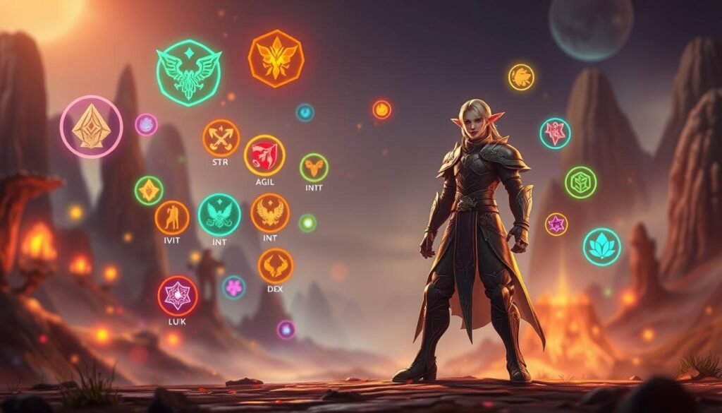 A vibrant fantasy scene depicting the concept of "stats and abilities" in an MMORPG setting. In the foreground, a detailed fantasy character standing poised with an elegant stance, showcasing a balance of strength (STR), agility (AGI), intelligence (INT), vitality (VIT), dexterity (DEX), and luck (LUK) represented by glowing symbols around them. The character is dressed in intricately designed armor, symbolizing their class. In the middle ground, various colorful skill icons float in the air, hinting at potential abilities. The background features a mystical landscape, with ethereal lights and soft-focus elements that create a sense of depth. The scene is illuminated by warm, magical lighting, evoking a sense of wonder and adventure, captured from a slightly low angle to emphasize the character’s power and potential. A vibrant fantasy scene depicting the concept of "stats and abilities" in an MMORPG setting. In the foreground, a detailed fantasy character standing poised with an elegant stance, showcasing a balance of strength (STR), agility (AGI), intelligence (INT), vitality (VIT), dexterity (DEX), and luck (LUK) represented by glowing symbols around them. The character is dressed in intricately designed armor, symbolizing their class. In the middle ground, various colorful skill icons float in the air, hinting at potential abilities. The background features a mystical landscape, with ethereal lights and soft-focus elements that create a sense of depth. The scene is illuminated by warm, magical lighting, evoking a sense of wonder and adventure, captured from a slightly low angle to emphasize the character’s power and potential.
