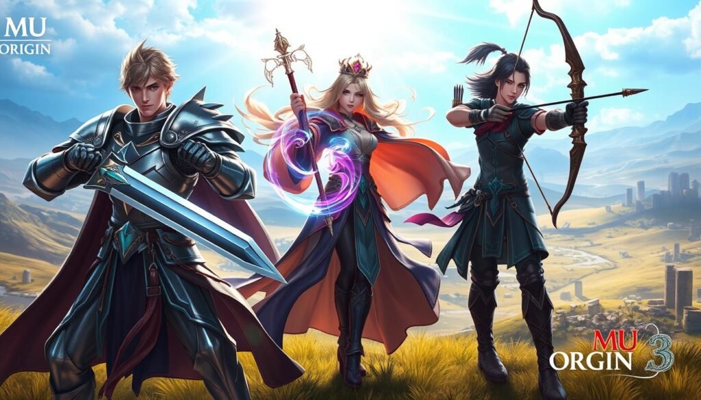 A vibrant fantasy scene featuring three distinct characters representing the classes from "MU Origin 3": a Knight, a Mage, and an Archer. In the foreground, the Knight is clad in shining armor, wielding a sword ready for battle, with a determined expression. Next to him, the Mage, adorned in elaborate robes and holding a staff, channels magical energy with swirling light effects around her. The Archer stands poised with a bow, aiming towards an unseen target, showcasing a focused gaze. The background reveals an expansive, mystical landscape with rolling hills and ancient ruins under a radiant blue sky. Soft, ethereal lighting enhances the magical atmosphere. The composition should evoke a sense of teamwork and adventure, highlighting the unique qualities of each class in this enchanting world. A vibrant fantasy scene featuring three distinct characters representing the classes from "MU Origin 3": a Knight, a Mage, and an Archer. In the foreground, the Knight is clad in shining armor, wielding a sword ready for battle, with a determined expression. Next to him, the Mage, adorned in elaborate robes and holding a staff, channels magical energy with swirling light effects around her. The Archer stands poised with a bow, aiming towards an unseen target, showcasing a focused gaze. The background reveals an expansive, mystical landscape with rolling hills and ancient ruins under a radiant blue sky. Soft, ethereal lighting enhances the magical atmosphere. The composition should evoke a sense of teamwork and adventure, highlighting the unique qualities of each class in this enchanting world.