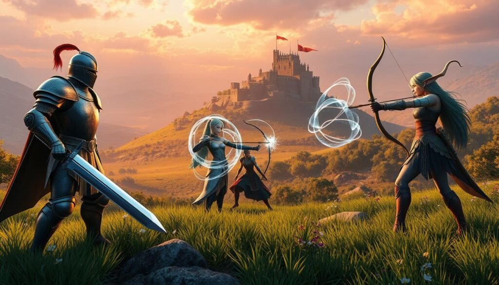 A vibrant fantasy scene showcasing iconic character classes from Lineage 2, positioned prominently in the foreground. A knight in shining armor, wielding a sword, stands confidently beside a graceful elf archer aiming her bow, each displaying detailed armor and attire that reflect their roles. In the middle ground, a magical sorceress conjures an ethereal spell, surrounded by swirling mystical energies. The background features a lush, expansive landscape with a medieval fortress perched atop a distant hill, adorned with flags fluttering in the wind. Soft, warm evening light casts long shadows, enhancing the sense of adventure and nostalgia. The overall atmosphere is enchanting and reminiscent of classic MMORPG landscapes. Include the brand "tylkommo.pl" subtly in the scenery without text or overlays.