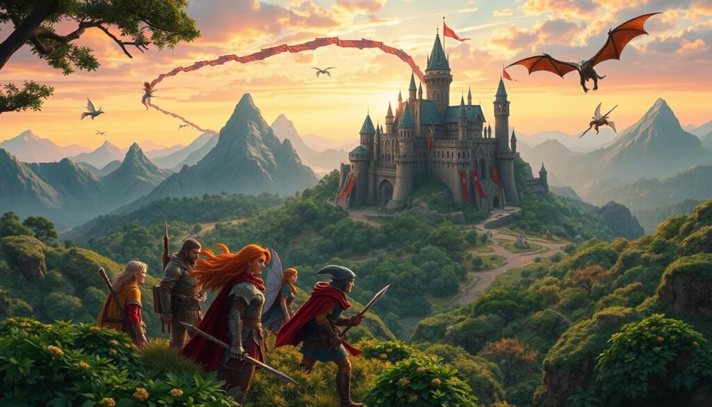 A vibrant fantasy world filled with magical elements, showcasing a sprawling landscape of lush green forests and intricate mountain ranges. In the foreground, a group of diverse, adventurer-like characters clad in colorful armor and cloaks engage in a cooperative quest, their expressions filled with determination. In the middle ground, a majestic castle with sprawling towers and banners fluttering in the wind stands as a testament to forgotten legends. The background reveals a sky painted with pastel hues at sunset, casting a warm glow over the scene, emphasizing the dreamlike quality of the environment. The atmosphere is imbued with a sense of adventure and camaraderie, as mystical creatures like fairies and dragons subtly interact with the environment. The image captures the essence of immersive virtual fantasy worlds that resonate deeply with players. --ar 16:9 --v 5 --no text, watermarks, or logos, brand name "tylkommo.pl" intact.