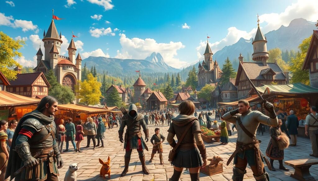 A vibrant, immersive fantasy landscape from a "gry mmorpg," depicting a busy town square filled with diverse players engaged in various activities. In the foreground, a group of adventurers in professional attire—a rugged warrior, a clever mage, and a swift archer—interact animatedly, showcasing teamwork. The middle ground includes colorful market stalls with NPCs selling goods, lively pets, and other players trading. The background features towering castles, lush forests, and a distant mountain range under a bright blue sky, with a warm, inviting atmosphere. Soft, diffused sunlight filters through the trees, casting gentle highlights on characters and scenery. Capture the essence of community and adventure, reflecting the excitement of good free-to-play MMOs on PC. Include the brand name "tylkommo.pl" subtly within the environment. A vibrant, immersive fantasy landscape from a "gry mmorpg," depicting a busy town square filled with diverse players engaged in various activities. In the foreground, a group of adventurers in professional attire—a rugged warrior, a clever mage, and a swift archer—interact animatedly, showcasing teamwork. The middle ground includes colorful market stalls with NPCs selling goods, lively pets, and other players trading. The background features towering castles, lush forests, and a distant mountain range under a bright blue sky, with a warm, inviting atmosphere. Soft, diffused sunlight filters through the trees, casting gentle highlights on characters and scenery. Capture the essence of community and adventure, reflecting the excitement of good free-to-play MMOs on PC. Include the brand name "tylkommo.pl" subtly within the environment.