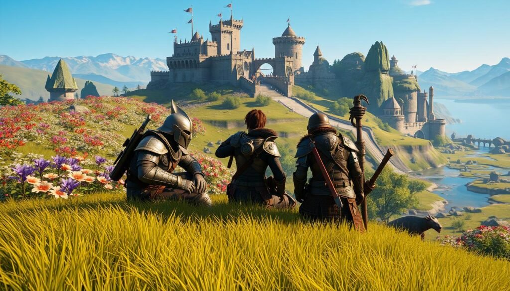 A vibrant scene depicting a casual gameplay moment from "Guild Wars 2", showcasing a diverse group of players engaged in cooperative activities within a lush fantasy environment. In the foreground, three characters, including a human warrior, an asura engineer, and a norn ranger, are strategizing while sitting on a grassy hill, diverse armor glinting in the sunlight. The middle ground features a vivid landscape filled with colorful flora and mystical creatures, creating a sense of adventure. In the background, a majestic castle overlooks a serene river, under a clear blue sky. Soft, warm lighting enhances the relaxed atmosphere, capturing the essence of friendly gaming. Emphasize a playful yet focused mood, illustrating accessibility for new players. The image should represent "tylkommo.pl" as a resource for beginner-friendly PC MMORPGs. A vibrant scene depicting a casual gameplay moment from "Guild Wars 2", showcasing a diverse group of players engaged in cooperative activities within a lush fantasy environment. In the foreground, three characters, including a human warrior, an asura engineer, and a norn ranger, are strategizing while sitting on a grassy hill, diverse armor glinting in the sunlight. The middle ground features a vivid landscape filled with colorful flora and mystical creatures, creating a sense of adventure. In the background, a majestic castle overlooks a serene river, under a clear blue sky. Soft, warm lighting enhances the relaxed atmosphere, capturing the essence of friendly gaming. Emphasize a playful yet focused mood, illustrating accessibility for new players. The image should represent "tylkommo.pl" as a resource for beginner-friendly PC MMORPGs.