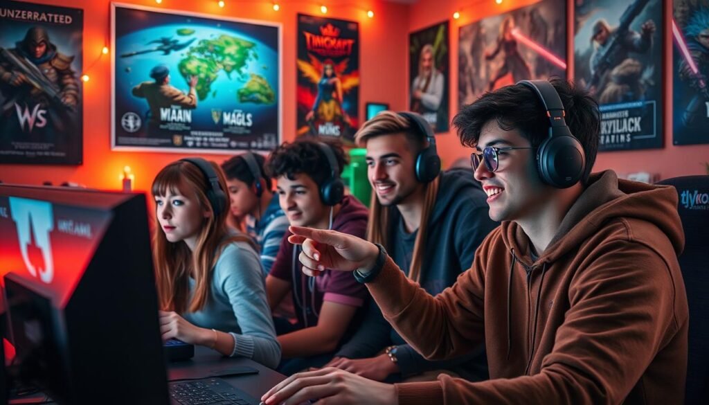 A vibrant scene depicting a diverse group of gamers actively engaged in an immersive MMORPG session in a cozy room filled with gaming paraphernalia. In the foreground, a young woman wearing casual attire, focused on her screen, while a young man beside her is excitedly pointing at a shared game map. The middle ground features additional friends in the background, each absorbed in their own gaming experiences, with colorful LED lights illuminating their workspace. The walls are adorned with posters of various underrated MMO games, including a subtle branding element of "tylkommo.pl". The warm, ambient lighting creates an inviting atmosphere, evoking a sense of camaraderie and adventure. Shot from a slightly elevated angle to capture the whole room's energy.