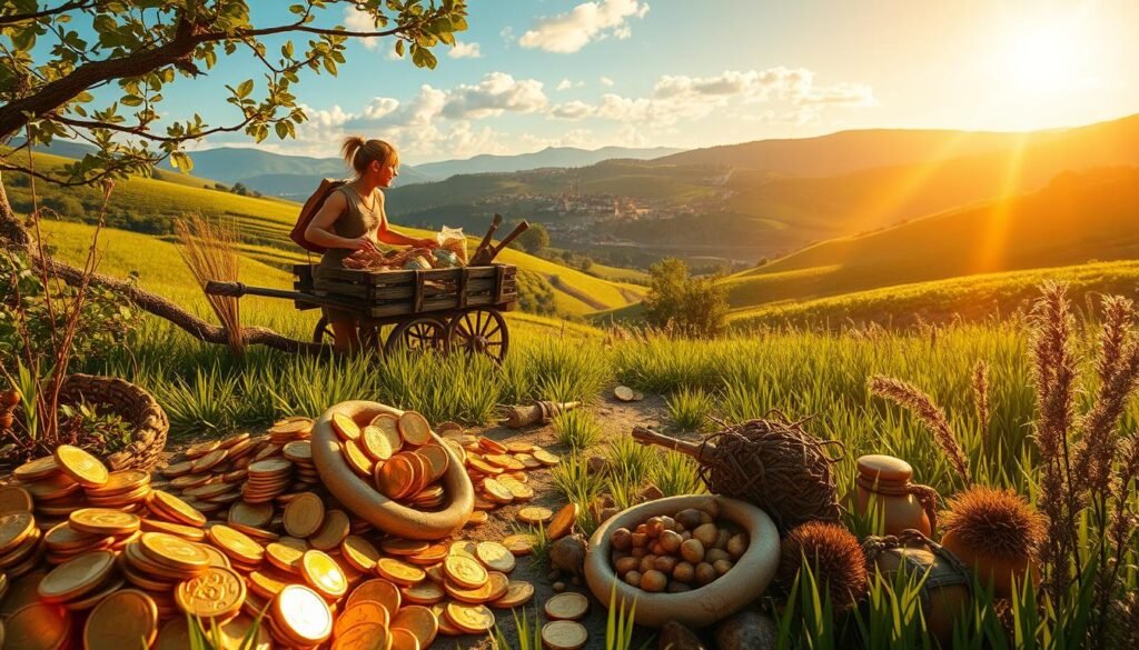 A vibrant scene depicting a fantasy-themed gold farming setup in a lush green landscape, featuring a character in modest casual clothes, enthusiastically gathering gold ore and rare herbs amid sparkling sunlight. In the foreground, piles of gleaming gold coins and assorted crafting materials lie scattered, with the character focused on their collection. The middle ground showcases a small, rustic wooden cart filled with harvested goods and an assortment of tools. In the background, a distant village can be seen, nestled in rolling hills under a clear blue sky, enhancing the atmosphere of a thriving rural economy. The lighting is warm and inviting, evoking a sense of adventure and discovery.