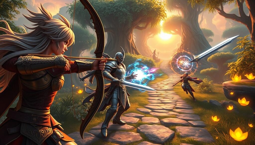 A vibrant scene depicting a group of diverse fantasy characters from Ragnarok Online actively engaging in an immersive experience at a dynamic leveling area. In the foreground, a skilled archer with flowing hair and intricate armor pulls back on their bow, focused and ready to shoot. Beside them, a strong warrior clad in shining armor wields a gleaming sword, preparing to strike. In the middle ground, a magical mage conjures energy with colorful spells in a lively atmosphere, surrounded by glimmering particles. The background features a lush, enchanted forest with glowing plants and softly illuminated pathways. The soft lighting creates a mystical ambiance, while a warm sunset casts golden hues over the scene, emphasizing teamwork and adventure. The angle captures action and depth, providing an engaging view of this thrilling moment in the game.
