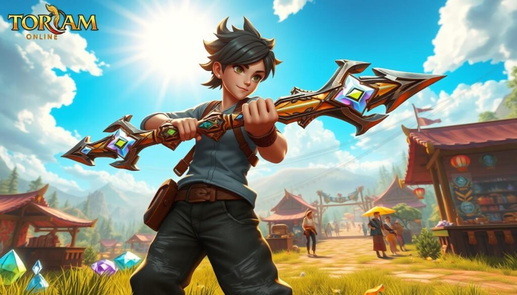 A vibrant scene depicting the virtual world of "Toram Online," set in 2025. In the foreground, a detailed character in modest casual clothing wields a fantastical weapon, showcasing intricate designs and glowing elements indicative of rare armaments. Surrounding the character are various loot items, including shimmering gemstones and exotic treasures, highlighting the best-selling market goods. The middle ground features an engaging marketplace bustling with other characters trading wares under a radiant sunlit sky. In the background, rolling hills and mystical forests create an enchanting landscape. Soft, warm lighting emphasizes the colors and textures, evoking a sense of adventure and camaraderie within this online realm. The overall mood is vibrant and inviting, capturing the essence of a thriving digital economy.