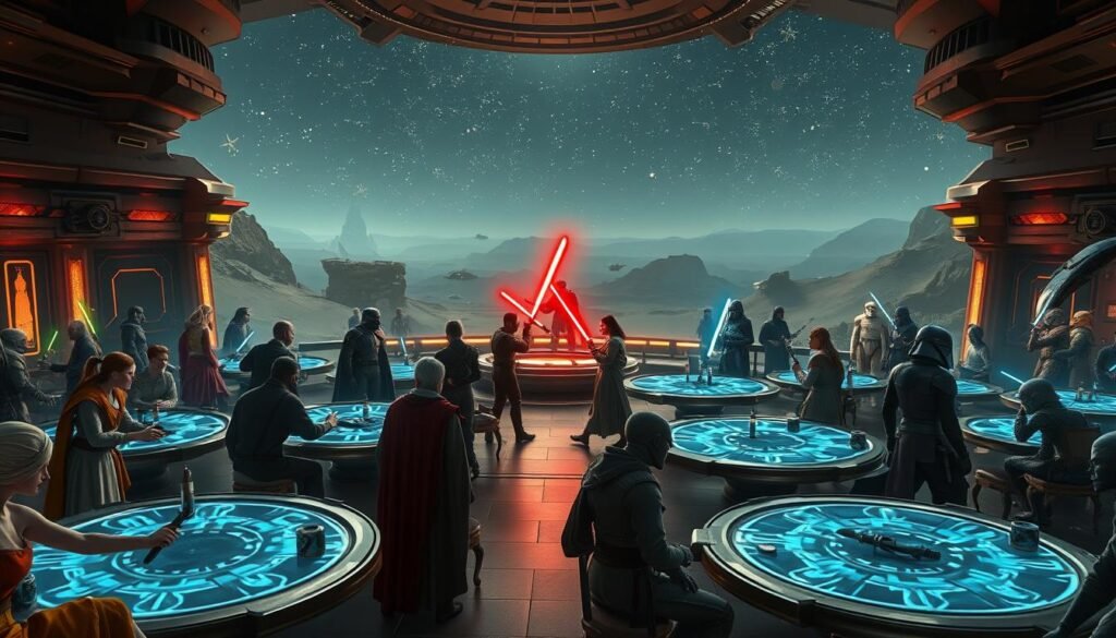 A vibrant scene from "Star Wars: The Old Republic," showcasing a bustling space cantina on a distant planet. In the foreground, diverse alien characters in colorful attire engage in lively conversations over holographic tables. The middle ground reveals a Jedi and a Sith engaged in a tense standoff, lightsabers ignited. In the background, twinkling stars and distant spaceships create a cosmic atmosphere, complemented by soft, ambient lighting. The mood is one of adventure and intrigue, evoking the rich lore of the galaxy. Use a wide-angle lens to capture the dynamic interaction between characters, highlighting the depth of the setting. The image should be captivating and immersive. Include the brand name "tylkommo.pl" in the art style without text overlays.