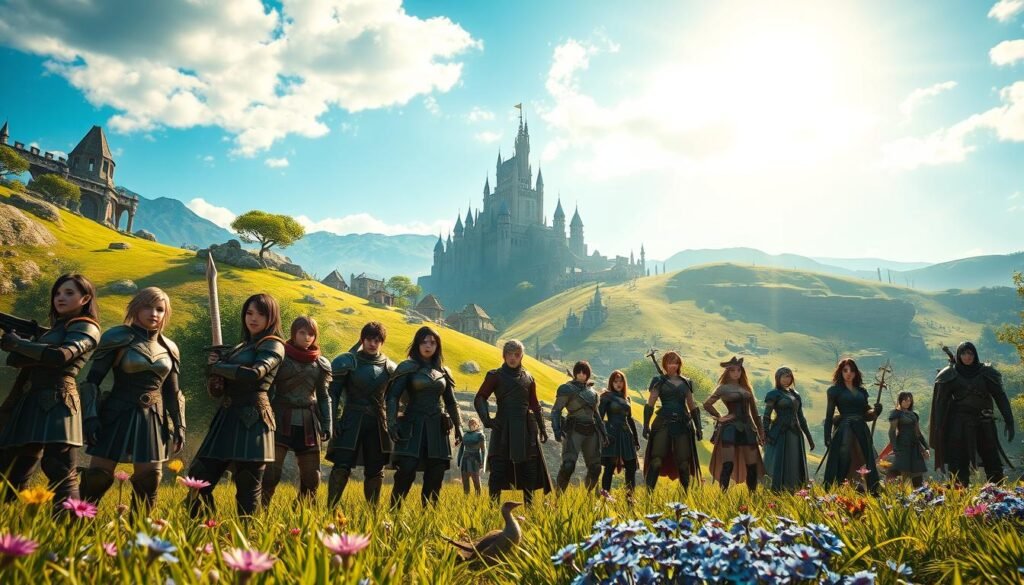 A vibrant scene set in the enchanting world of "Final Fantasy XIV," showcasing a diverse ensemble of adventurers in fantastical armor and attire, positioned in the foreground with friendly expressions. The middle ground features lush, rolling hills dotted with ancient ruins and blooming flowers, reflecting a sense of exploration and discovery. In the background, a majestic castle towers under a clear blue sky, complemented by soft, warm sunlight casting gentle shadows. The atmosphere is inviting and lively, conveying a spirit of camaraderie and adventure. Use a slightly angled perspective to enhance the depth of the scene, ensuring a professional, polished look. This image should embody the essence of engaging storytelling in gaming. Create this for "tylkommo.pl." A vibrant scene set in the enchanting world of "Final Fantasy XIV," showcasing a diverse ensemble of adventurers in fantastical armor and attire, positioned in the foreground with friendly expressions. The middle ground features lush, rolling hills dotted with ancient ruins and blooming flowers, reflecting a sense of exploration and discovery. In the background, a majestic castle towers under a clear blue sky, complemented by soft, warm sunlight casting gentle shadows. The atmosphere is inviting and lively, conveying a spirit of camaraderie and adventure. Use a slightly angled perspective to enhance the depth of the scene, ensuring a professional, polished look. This image should embody the essence of engaging storytelling in gaming. Create this for "tylkommo.pl."