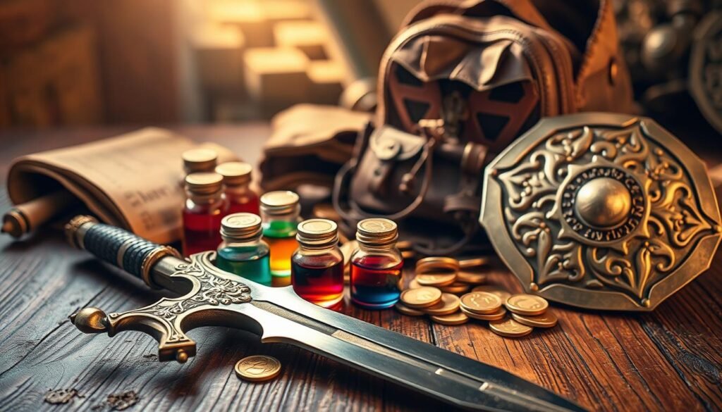 A vibrant tabletop scene depicting a variety of fantasy gaming items scattered across a richly textured wooden surface. In the foreground, an ornate sword and a shimmering shield are prominently displayed, catching the light with glints of gold and silver. A selection of colorful potions in glass vials, along with intricately designed gold coins, create an alluring treasure trove. The middle ground features a character's detailed adventurer's backpack partially unzipped, revealing mystical artifacts and maps. In the background, soft-focus hints of a fantasy dungeon or treasure cave are subtly visible. The lighting is warm and inviting, casting gentle shadows that enhance the scene's depth. The ambiance evokes a sense of adventure and excitement, perfect for a fantasy gaming guide.