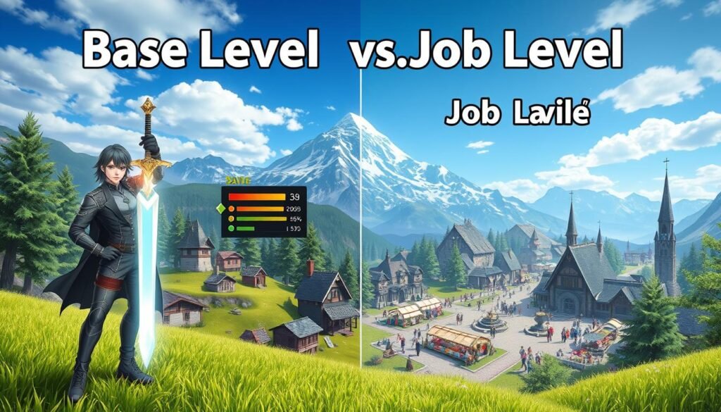A visually engaging illustration depicting the concept of "Base Level vs. Job Level" in an RPG context. In the foreground, a character in professional gaming attire stands confidently, holding a glowing sword symbolizing the Job Level, while displaying a holographic interface showing levels and stats. In the middle, a mystical landscape transitions from a serene village environment representing Base Level with emerald grass and quaint cottages to a bustling town square illustrating Job Level with vibrant marketplaces and players interacting. The background features a majestic mountain range under a bright blue sky, creating a sense of adventure and progression. The lighting is bright and inviting, highlighting the contrast between the tranquil Base Level and the dynamic Job Level atmosphere. The overall mood is energetic and motivational, embodying growth and exploration in the game world. A visually engaging illustration depicting the concept of "Base Level vs. Job Level" in an RPG context. In the foreground, a character in professional gaming attire stands confidently, holding a glowing sword symbolizing the Job Level, while displaying a holographic interface showing levels and stats. In the middle, a mystical landscape transitions from a serene village environment representing Base Level with emerald grass and quaint cottages to a bustling town square illustrating Job Level with vibrant marketplaces and players interacting. The background features a majestic mountain range under a bright blue sky, creating a sense of adventure and progression. The lighting is bright and inviting, highlighting the contrast between the tranquil Base Level and the dynamic Job Level atmosphere. The overall mood is energetic and motivational, embodying growth and exploration in the game world.