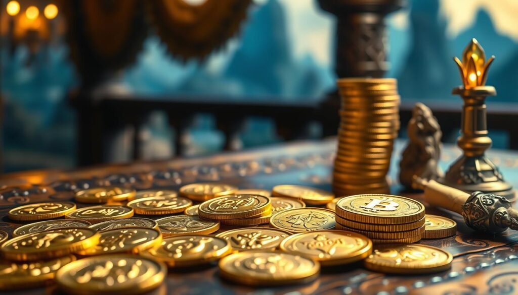 A visually striking close-up of gleaming gold coins scattered across an ornate wooden table, each coin intricately designed with mythical symbols and characters. In the background, soft, warm lighting illuminates a blurred view of fantasy landscapes, hinting at a rich, immersive world. To the side, a carefully arranged stack of coins symbolizes wealth and economy, while a mystical artifact, like a shimmering gemstone or an ancient scroll, adds depth to the scene. The overall mood is enchanting and adventurous, inviting viewers to explore the dynamics of gold, coins, and economics in a fantastical realm. The composition should have sharp focus on the coins, with a slightly shallow depth of field to enhance the magical atmosphere.