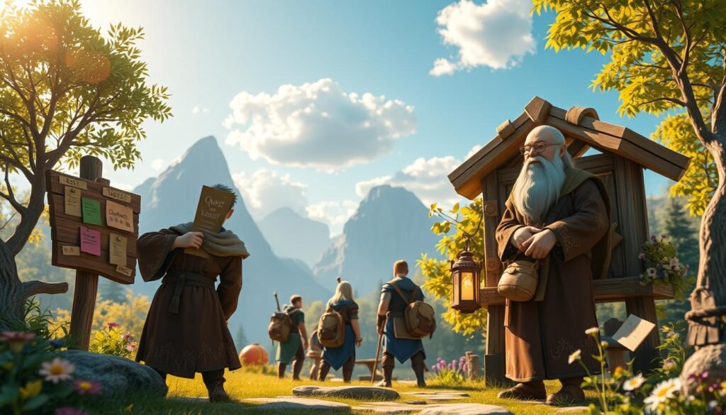 A whimsical fantasy landscape featuring a charming NPC (non-player character) in a vibrant, idyllic environment. The NPC is a wise-looking elder, dressed in modest, traditional robes adorned with intricate patterns, carrying a scroll and a glowing lantern. In the foreground, the elder stands beside a wooden quest board filled with colorful quest notices, surrounded by lush greenery and blooming flowers. In the middle ground, adventurers of different classes interact with the NPC, engaging in lively discussions and exchanging items. The background showcases towering mountains under a bright blue sky, with fluffy clouds drifting by. The lighting is warm and inviting, suggesting early morning with golden sunlight filtering through the trees, creating a magical atmosphere. The scene evokes a sense of adventure and community in a fantasy world.