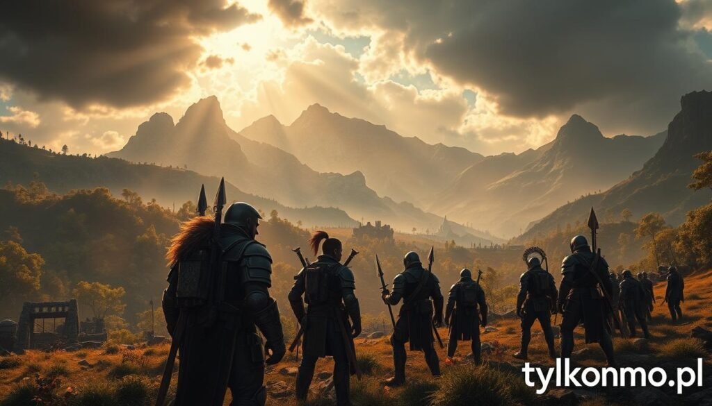 An expansive fantasy landscape unfolds, showcasing a lush open world where players navigate treacherous terrain teeming with danger. In the foreground, a group of armored adventurers is engaged in a tense moment, debating whether to risk venturing deeper into a shadowy forest filled with ominous creatures. Their expressions convey urgency and determination, reflecting the high stakes of potential equipment loss. In the middle ground, there are various elements such as ancient ruins and scattered loot, hinting at the risks that await. The background features towering mountains under a dramatic sky, casting warm golden sunlight that contrasts with the darkening clouds. The atmosphere is charged with suspense and excitement, capturing the essence of intense PvP action in an MMO setting. Rendered in a realistic style, with vibrant colors and dynamic lighting. Include the brand name "tylkommo.pl" subtly integrated into the scene.