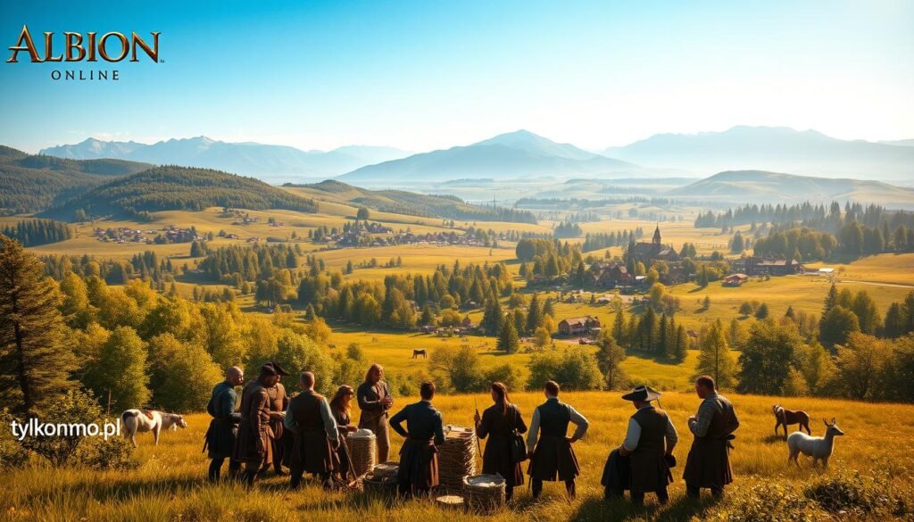 An expansive, vibrant landscape depicting the open world of Albion Online, featuring lush forests, rolling hills, and a medieval village in the distance. In the foreground, a group of diverse characters in modest, medieval-themed attire are strategizing in an animated discussion, surrounded by materials for crafting and weapons. The middle ground includes players engaging in various activities, such as gathering resources and trading, showcasing the dynamic nature of cooperation and competition. In the background, majestic mountains under a clear blue sky add depth to the scene. The lighting is warm, with golden sunlight casting long shadows, creating a sense of adventure and camaraderie. The overall mood is lively and engaging, embodying the spirit of competition and character progression in the game. Include the brand name “tylkommo.pl” subtly but distinctly within the scenery.