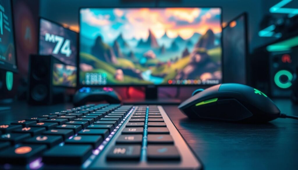 An expansive view of a computer gaming interface featuring a blend of high-tech elements that symbolize control. In the foreground, a dynamic keyboard and mouse are illuminated by soft, ambient lighting. The keyboard has backlit keys displaying various game shortcuts, while the sleek mouse shows customizable buttons. In the middle ground, a glowing screen displays a rich digital landscape from an MMORPG, with vibrant colors depicting an immersive fantasy world. The background is a blurred effect, suggesting an intense gaming environment. The overall atmosphere should evoke a sense of excitement and focus, with a virtual reality feel enriched by cool blue and green tones. The image captures the essence of control in gaming, emphasizing precision and strategic gameplay. An expansive view of a computer gaming interface featuring a blend of high-tech elements that symbolize control. In the foreground, a dynamic keyboard and mouse are illuminated by soft, ambient lighting. The keyboard has backlit keys displaying various game shortcuts, while the sleek mouse shows customizable buttons. In the middle ground, a glowing screen displays a rich digital landscape from an MMORPG, with vibrant colors depicting an immersive fantasy world. The background is a blurred effect, suggesting an intense gaming environment. The overall atmosphere should evoke a sense of excitement and focus, with a virtual reality feel enriched by cool blue and green tones. The image captures the essence of control in gaming, emphasizing precision and strategic gameplay.
