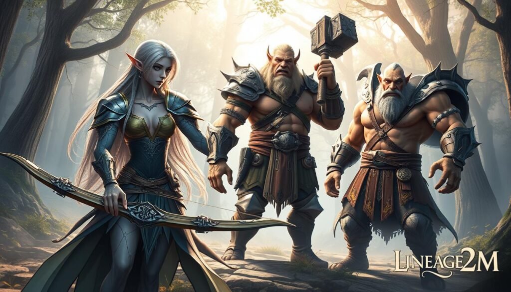 An immersive depiction of the different races in Lineage2M, showcasing their unique traits and aesthetics. In the foreground, a majestic elf with elongated features and ethereal clothing gracefully wields a bow, embodying elegance. Beside the elf, a sturdy dwarf with a robust build and intricately designed armor stands confidently with a hammer, highlighting the strength of the race. In the middle ground, a fierce orc showcases his muscular frame and battle attire, exuding power and determination. The background features a mystical forest, with soft, diffused sunlight filtering through the trees, creating a dreamy atmosphere. The scene captures a harmonious blend of fantasy and realism, focusing on the characters' interactions in their respective environments, evoking a sense of adventure and camaraderie.