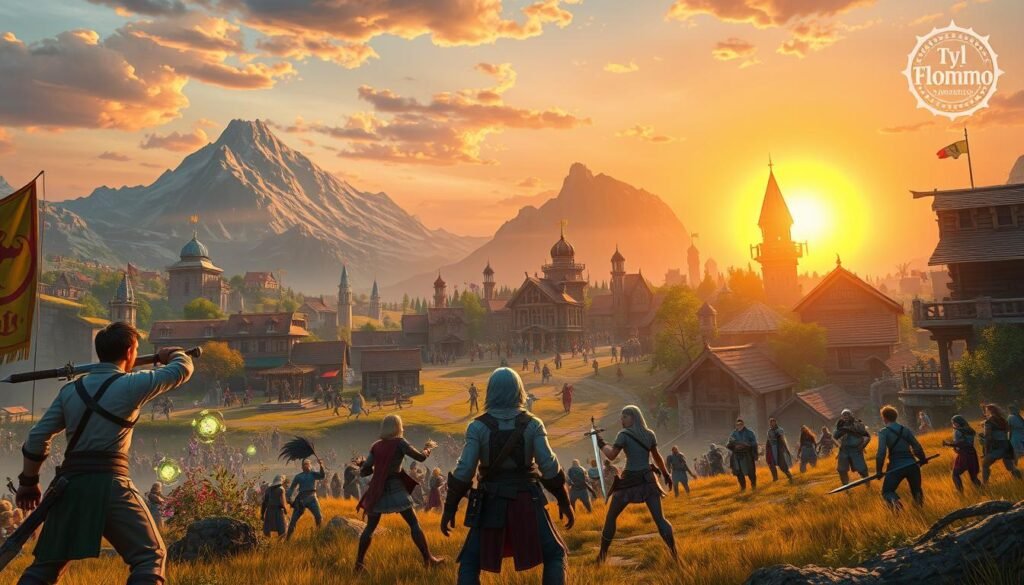 An immersive fantasy landscape depicting a vibrant MMORPG world. In the foreground, a diverse group of adventurers in modest casual clothing, including a skilled mage with glowing orbs of magic and a brave warrior wielding a sword, engage in a dynamic standoff against fantastical creatures. The middle-ground features a sprawling village filled with charming medieval architecture, colorful banners, and lively NPC characters going about their daily tasks. In the background, majestic mountains rise against a brilliant sunset, casting warm golden light across the scene. The atmosphere is filled with anticipation and camaraderie, emphasizing the exploration and adventure inherent in free-to-play games. The image should inspire awe and intrigue, capturing the essence of free MMOs and their visuals that rival paid titles. Include a subtle logo for "tylkommo.pl" in a corner of the image, maintaining focus on the action.