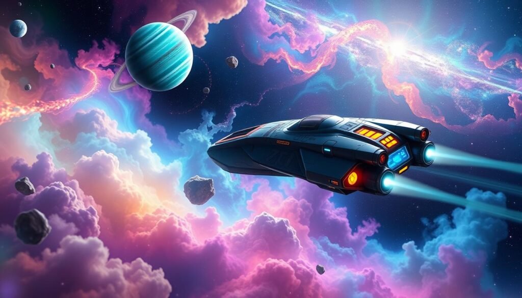 In a vibrant cosmic landscape, depict a futuristic spaceship exploring a colorful nebula filled with swirling gas clouds and distant stars. In the foreground, show the sleek spaceship, detailed with bright holographic displays and glowing engines, racing through the ethereal space. In the middle ground, illustrate several celestial bodies: a turquoise planet with rings, a nearby asteroid belt sparkling with crystalline formations, and a shimmering galactic core illuminating the dark expanse. The background features a deep starry sky with clusters of stars and distant galaxies. Soft, ethereal lighting bathes the scene, creating a sense of wonder and adventure. Capture the mood of exploration and discovery. The image should be suitable for use in an article on free-to-play PC MMO games, with a subtle watermark for "tylkommo.pl."