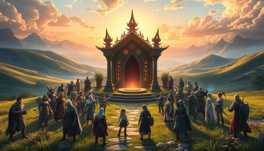 In a vibrant fantasy landscape, depict an intricately designed character class selection screen inspired by the "Ragnarok Online" universe. In the foreground, showcase a diverse array of character models, each representing different classes such as swordsman, archer, and mage, dressed in detailed, colorful armor and clothing appropriate for their roles. In the middle ground, display a mystical altar surrounded by glowing runes, symbolizing the "System klas" concept. The background features lush landscapes, with rolling hills and a dramatic sky, illuminated by a golden sunset. Use soft, ethereal lighting to create an inviting and adventurous atmosphere. The viewpoint should be slightly angled to capture the depth of the scene, highlighting the characters and the enchanting environment.