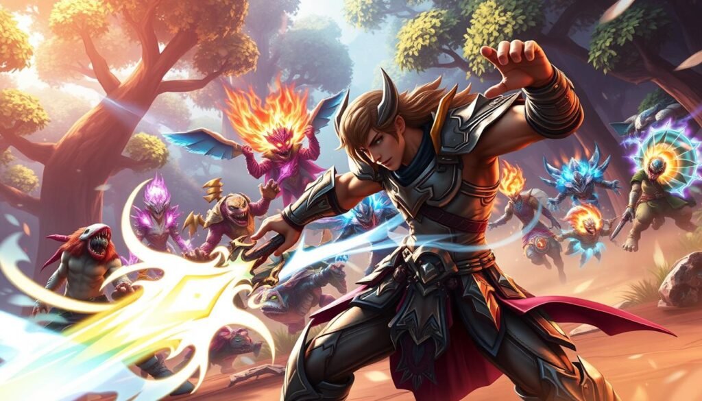 In a vibrant fantasy setting, depict an intense combat scene from a mobile MMORPG. In the foreground, showcase a heroic character clad in intricate armor, wielding a glowing sword, with dramatic muscle definition and determined expression. The character is performing a powerful attack maneuver, surrounded by dynamic splashes of magic energy. In the middle ground, include a diverse group of monsters, depicted in mid-attack, showcasing various unique abilities like fireballs and ice blasts. In the background, a lush, enchanted forest teems with vivid colors and enchanting lights streaming through the trees, adding depth to the scene. Use a cinematic angle to emphasize the combat action, with a warm, dramatic lighting that intensifies the mood, evoking excitement and thrill in the midst of battle. In a vibrant fantasy setting, depict an intense combat scene from a mobile MMORPG. In the foreground, showcase a heroic character clad in intricate armor, wielding a glowing sword, with dramatic muscle definition and determined expression. The character is performing a powerful attack maneuver, surrounded by dynamic splashes of magic energy. In the middle ground, include a diverse group of monsters, depicted in mid-attack, showcasing various unique abilities like fireballs and ice blasts. In the background, a lush, enchanted forest teems with vivid colors and enchanting lights streaming through the trees, adding depth to the scene. Use a cinematic angle to emphasize the combat action, with a warm, dramatic lighting that intensifies the mood, evoking excitement and thrill in the midst of battle.