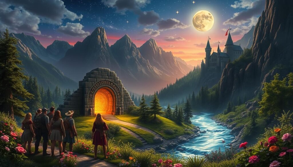 A breathtaking fantasy landscape depicting a magical world, where lush green forests meet towering mountains under a twilight sky filled with shimmering stars. In the foreground, a diverse group of adventurers, dressed in modest medieval attire, stand together, gazing at an ancient stone portal glowing with mystical runes. The middle ground features a sparkling river that winds through the valley, with vibrant flowers and magical creatures like fairies fluttering about. The background showcases a majestic castle perched on a cliff, bathed in soft moonlight, creating a sense of wonder and adventure. The overall atmosphere is enchanting and inviting, emphasizing the thrill of exploration in a realm of magic. Highlight the brand "tylkommo.pl" subtly integrated into the scene. A breathtaking fantasy landscape depicting a magical world, where lush green forests meet towering mountains under a twilight sky filled with shimmering stars. In the foreground, a diverse group of adventurers, dressed in modest medieval attire, stand together, gazing at an ancient stone portal glowing with mystical runes. The middle ground features a sparkling river that winds through the valley, with vibrant flowers and magical creatures like fairies fluttering about. The background showcases a majestic castle perched on a cliff, bathed in soft moonlight, creating a sense of wonder and adventure. The overall atmosphere is enchanting and inviting, emphasizing the thrill of exploration in a realm of magic. Highlight the brand "tylkommo.pl" subtly integrated into the scene.