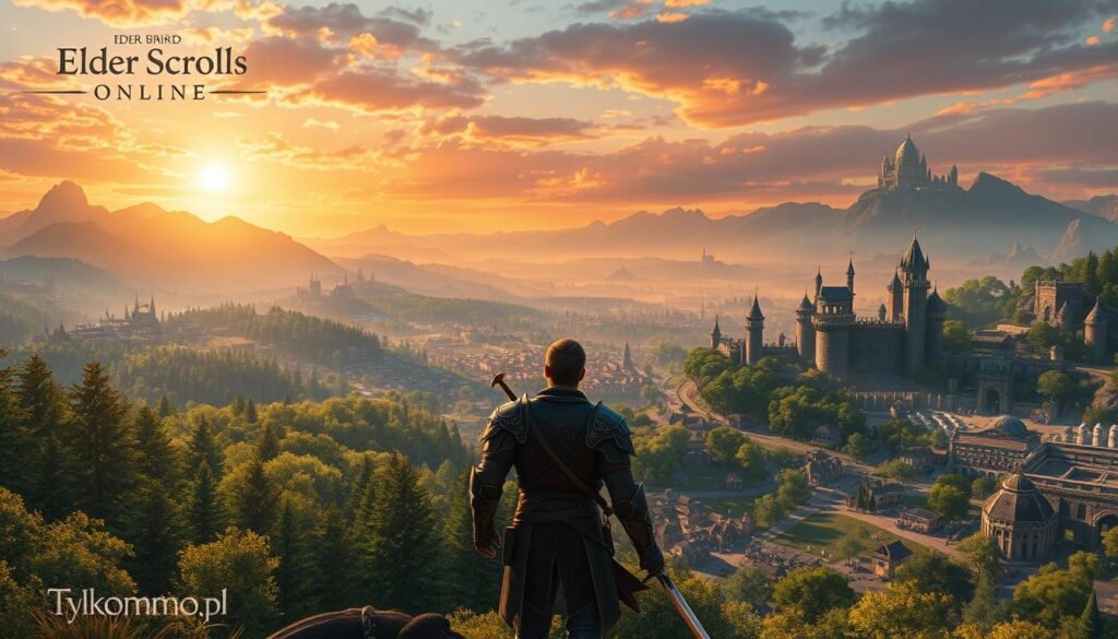 A breathtaking fantasy landscape inspired by "Elder Scrolls Online," showcasing an expansive open world filled with lush green forests, towering mountains in the distance, and intricate ruins of ancient civilizations. In the foreground, a heroic character clad in detailed medieval armor stands confidently, holding a shimmering sword that reflects the sunlight. The middle ground features a bustling town filled with villagers engaged in activities, while majestic castles overlook the scenery. A vibrant sunset casts warm hues across the sky, illuminating the scene with golden light, creating a sense of adventure and exploration. The atmosphere is rich with magic and untold stories, inviting players to immerse themselves in the vast world. Capture this enchanting essence, reflecting the themes of open-world exploration. Tylkommo.pl.