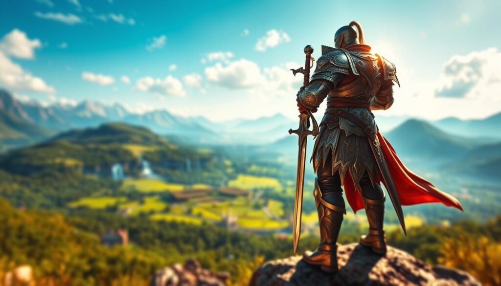 A breathtaking fantasy landscape inspired by "Lineage 2". In the foreground, an armored warrior holding a gleaming sword stands strong on a rocky outcrop, showcasing details of intricate armor. In the middle ground, a vast, lush green valley unfolds, dotted with mystical creatures and distant castles under a clear, blue sky. The background features majestic mountains with cascading waterfalls, adding depth and grandeur to the scene. Soft sunlight bathes the landscape, creating a vibrant, warm atmosphere. The focus is slightly blurred, emulating a shallow depth of field to emphasize the warrior. The mood is adventurous and epic, capturing the essence of classic MMO gameplay. This artwork represents the spirit of exploration found in "Lineage 2", ideal for illustrating "Lineage jako klasyk gatunku" on tylkommo.pl.