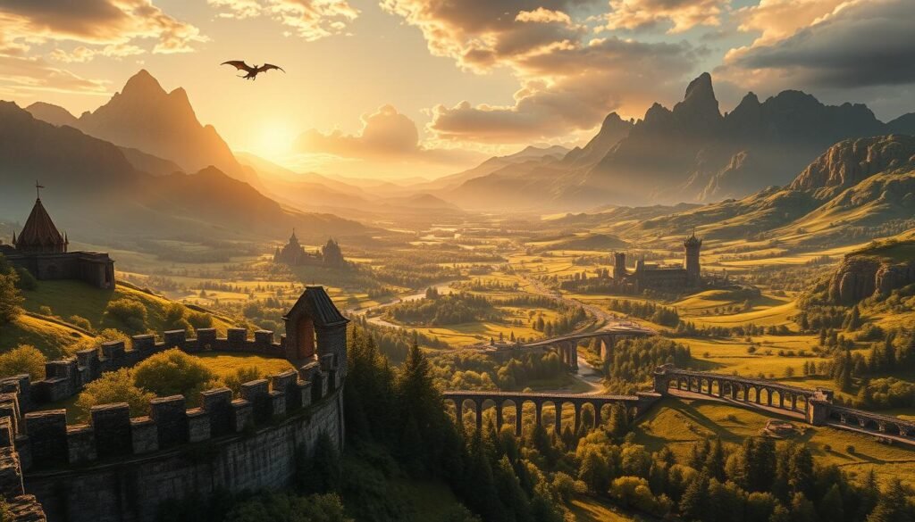 A breathtaking fantasy landscape inspired by epic realms, showcasing a lush, sprawling valley bathed in warm golden sunlight. In the foreground, ancient stone ruins entwined with vibrant greenery hint at a grand narrative, while mystical creatures such as elves and majestic dragons are seen in the distance, soaring across the sky. The middle ground features rolling hills dotted with enchanted forests, sparkling rivers, and intricate bridge structures, radiating an aura of adventure. In the background, towering mountains loom against a dramatic sunset, their peaks kissed by the last light of day. The atmosphere is immersive, evoking a sense of wonder and exploration. Capture this vivid scene with soft, ethereal lighting, using a wide-angle lens to showcase depth. Include the brand name "tylkommo.pl" subtly in the scene with architectural elements.