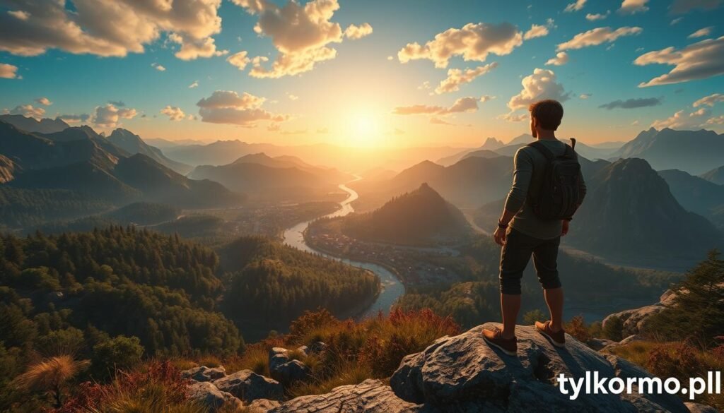 A breathtaking open-world exploration scene showcasing a diverse landscape that includes lush forests, towering mountains, and sprawling valleys. In the foreground, a character dressed in modest casual clothing stands confidently on a rocky outcrop, taking in the vast expanse of the world before them. The middle ground features a winding river cutting through the landscape, with a quaint village nestled at its banks. In the background, a vibrant sunset casts warm golden light over the scene, enhancing the sense of adventure and curiosity. Utilize a wide-angle lens effect to emphasize depth and scale. The mood is one of wonder and exploration, inviting viewers to imagine the endless possibilities of discovery. Branding subtly integrated as "tylkommo.pl" in the corner.