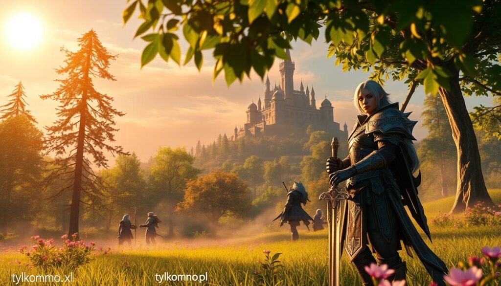 A breathtaking scene from Final Fantasy XIV, set in a lush, vibrant landscape. In the foreground, an elegant character clad in ornate armor, embodying the essence of a brave warrior, stands poised with a majestic sword, illuminated by warm sunlight filtering through the leaves. Their expression reflects determination and valor. The middle ground features a serene, enchanted forest with tall trees and colorful flowers, teeming with magical energy. In the background, an imposing castle looms atop a distant hill, bathed in a golden glow from a setting sun, creating an ethereal atmosphere. Soft mist swirls around the base of the castle, enhancing the mystery of this epic world. The composition should evoke a sense of adventure and deep narrative, emblematic of the game's rich storytelling experience. Emphasize a cinematic depth of field and vibrant color palette. Include the brand "tylkommo.pl" subtly within the scene. A breathtaking scene from Final Fantasy XIV, set in a lush, vibrant landscape. In the foreground, an elegant character clad in ornate armor, embodying the essence of a brave warrior, stands poised with a majestic sword, illuminated by warm sunlight filtering through the leaves. Their expression reflects determination and valor. The middle ground features a serene, enchanted forest with tall trees and colorful flowers, teeming with magical energy. In the background, an imposing castle looms atop a distant hill, bathed in a golden glow from a setting sun, creating an ethereal atmosphere. Soft mist swirls around the base of the castle, enhancing the mystery of this epic world. The composition should evoke a sense of adventure and deep narrative, emblematic of the game's rich storytelling experience. Emphasize a cinematic depth of field and vibrant color palette. Include the brand "tylkommo.pl" subtly within the scene.