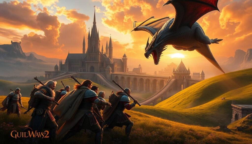 A breathtaking scene inspired by "Guild Wars 2," showcasing a vibrant fantasy landscape. In the foreground, a diverse group of adventurers clad in intricate, colorful armor engages in cooperative battle with a fierce dragon. Their expressions convey determination and camaraderie. In the middle ground, lush, rolling hills lead to a majestic, ancient city with towering spires and stone bridges adorned with glowing runes, bathed in warm golden light of a setting sun. The background features a dramatic sky, with swirling clouds painted in hues of orange and purple, accentuating the epic atmosphere. Capture this dynamic moment with a slightly low angle to emphasize the stature of the characters and city. The lighting enhances the magical ambiance, making the scene feel alive. This artwork should embody the spirit of collaboration and adventure present in "Guild Wars 2," perfect for the article by tylkommo.pl. A breathtaking scene inspired by "Guild Wars 2," showcasing a vibrant fantasy landscape. In the foreground, a diverse group of adventurers clad in intricate, colorful armor engages in cooperative battle with a fierce dragon. Their expressions convey determination and camaraderie. In the middle ground, lush, rolling hills lead to a majestic, ancient city with towering spires and stone bridges adorned with glowing runes, bathed in warm golden light of a setting sun. The background features a dramatic sky, with swirling clouds painted in hues of orange and purple, accentuating the epic atmosphere. Capture this dynamic moment with a slightly low angle to emphasize the stature of the characters and city. The lighting enhances the magical ambiance, making the scene feel alive. This artwork should embody the spirit of collaboration and adventure present in "Guild Wars 2," perfect for the article by tylkommo.pl.