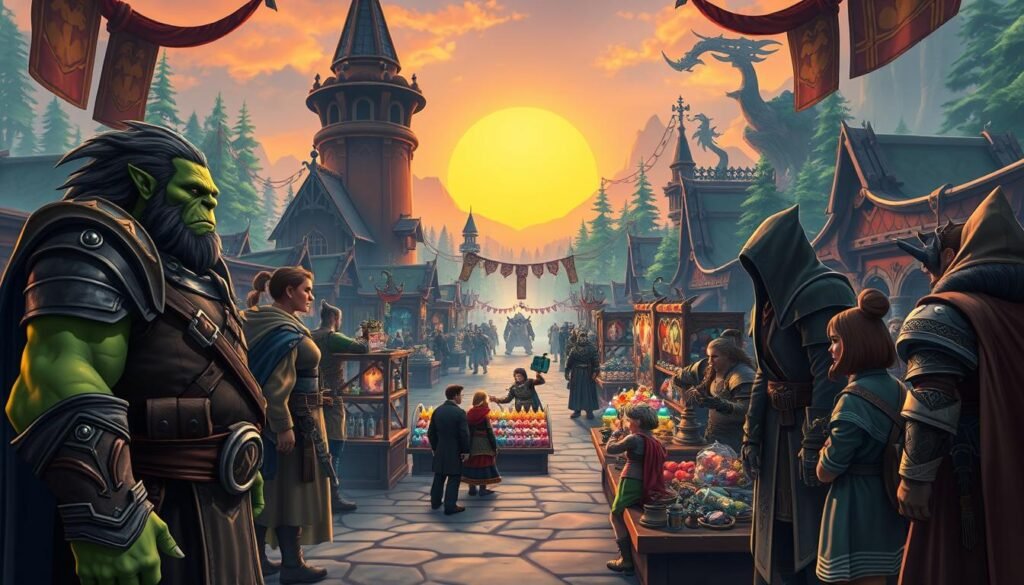 A bustling marketplace set in the vibrant world of World of Warcraft, showcasing a diverse group of characters engaged in trade. In the foreground, an Orc warrior in stylish armor negotiates with a Human mage, both depicted in professional attire. The middle ground features various vendors displaying colorful wares, from potions to crafted armor, surrounded by players from different races. The background is filled with iconic Warcraft architecture, lush forests, and distant mountains under a soft, golden sunset, casting warm, inviting light. The atmosphere is lively and dynamic, highlighting the essence of commerce and collaboration in a fantastical world. This scene captures the interplay of economies in MMOs, emphasizing the virtual trading spirit of World of Warcraft, ideal for an article by tylkommo.pl.
