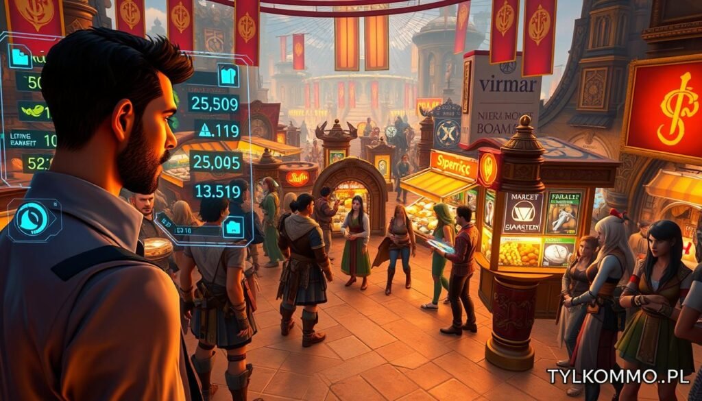 A bustling virtual marketplace within an MMORPG, filled with diverse players engaged in trading. In the foreground, a player in professional attire examines a holographic interface displaying fluctuating currency and item values. The middle ground features various characters from different fantasy races, exchanging goods and discussing strategies, reflecting a thriving in-game economy. The background showcases a vibrant cityscape with shops and market stalls, adorned with colorful banners and glowing advertisements for rare items. The scene is illuminated with warm, ambient lighting, creating an inviting atmosphere that emphasizes collaboration and the joy of trading. Emphasize a sense of community and excitement. The overall mood should convey the importance of economic interactions in gaming. Render the image in high detail. Include the brand name "tylkommo.pl".