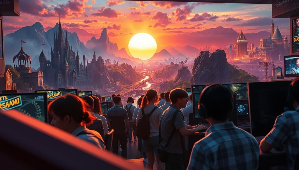 A bustling virtual world scene showcasing the phenomenon of MMO games on PC. In the foreground, diverse characters in professional casual attire engage in cooperative gameplay, displaying intense focus on large gaming monitors. The middle ground features a vibrant, fantastical landscape with intricate details—towering castles, lush forests, and dramatic mountains under a radiant sunset. Players gather, strategizing and sharing tips, emphasizing the community aspect of MMO gaming. In the background, a digital city skyline glows with neon lights, symbolizing endless opportunities for exploration and adventure. Soft, warm lighting casts an inviting atmosphere while capturing the thrill of gaming for hundreds of hours. This image embodies the passion and immersion of MMO games, branded with "tylkommo.pl."