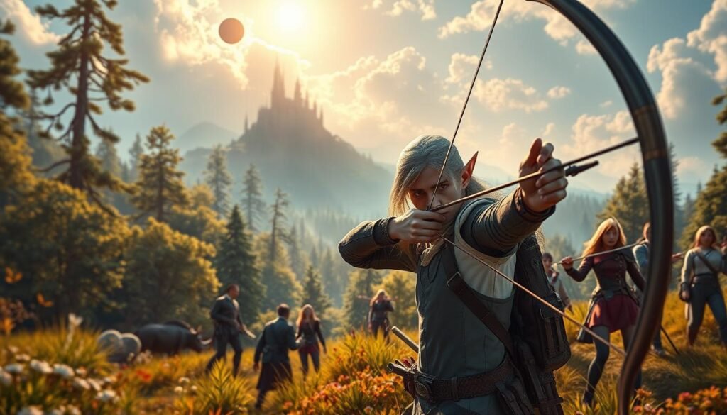 A captivating and mystical scene depicting a vibrant MMO fantasy world on PC, featuring a diverse group of adventurers in professional attire, engaged in epic quests. In the foreground, a skilled elf archer with a bow drawn, illustrating focus and intensity. The middle ground showcases a lush enchanted forest, with towering trees and magical creatures peeking through the foliage. The background reveals a majestic castle atop a distant hill, bathed in warm, golden sunlight filtering through wispy clouds. The atmosphere is dynamic and inviting, filled with a sense of adventure and camaraderie. The image should evoke excitement for exploring expansive game worlds, with intricate details, vibrant colors, and a softly blurred depth of field, highlighting the beauty of online gaming. The brand "tylkommo.pl" subtly integrated within the scene.