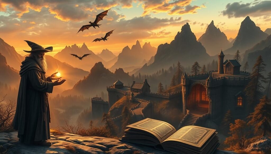 A captivating fantasy scene showcasing highly detailed MMORPG elements. In the foreground, a wise mage in modest, flowing robes stands beside a mystical book, glowing with magical runes. The middle section features a fantastical landscape with winding paths leading into a shadowy, ancient dungeon. Dragon silhouettes soar in the sky, adding to the epic atmosphere. The background displays towering mountains and enchanted forests, bathed in golden twilight lighting that enhances the mood of adventure and wonder. The overall composition should evoke a sense of exploration and deep narrative, embodying the essence of immersive storytelling in fantasy games. Designed for tylkommo.pl.