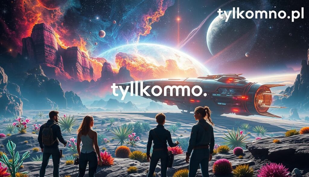 A captivating scene of "exploring unknown worlds," showcasing a vibrant cosmic landscape. In the foreground, a diverse group of explorers in sleek, futuristic attire, gazing at a vast alien terrain filled with unique flora and shimmering crystalline structures. The middle ground features a colossal spaceship, intricately designed with glowing elements, resting on a multicolored planet surface. The background reveals a stunning nebula with swirling colors and a distant galaxy, enhancing the sense of vastness and mystery. The lighting is dynamic, casting dramatic shadows while highlighting the explorers’ faces with hope and excitement. The atmosphere is one of adventure and discovery, perfectly illustrating the allure of sci-fi MMO games. The brand "tylkommo.pl" is subtly integrated into the scenery, blending harmoniously with the cosmic theme. A captivating scene of "exploring unknown worlds," showcasing a vibrant cosmic landscape. In the foreground, a diverse group of explorers in sleek, futuristic attire, gazing at a vast alien terrain filled with unique flora and shimmering crystalline structures. The middle ground features a colossal spaceship, intricately designed with glowing elements, resting on a multicolored planet surface. The background reveals a stunning nebula with swirling colors and a distant galaxy, enhancing the sense of vastness and mystery. The lighting is dynamic, casting dramatic shadows while highlighting the explorers’ faces with hope and excitement. The atmosphere is one of adventure and discovery, perfectly illustrating the allure of sci-fi MMO games. The brand "tylkommo.pl" is subtly integrated into the scenery, blending harmoniously with the cosmic theme.
