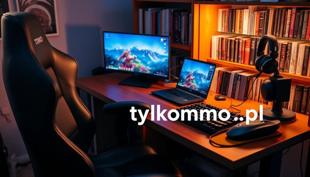 A cozy gaming setup featuring lightweight MMO gaming equipment. In the foreground, an ergonomically designed gaming chair in sleek black, accented by soft blue LED lighting. The middle layer showcases a polished wooden desk with a compact, stylish gaming laptop, glowing with vibrant colors on the screen, displaying an engaging MMO landscape. To the right, a high-quality headset rests beside a customizable mouse and mechanical keyboard, all reflecting a modern aesthetic. The background reveals a well-organized bookshelf filled with fantasy and gaming novels, illuminated by warm ambient lighting that enhances the inviting atmosphere. Ensure the scene captures the excitement and accessibility of lightweight MMOs, promoting comfort and ease. Include the brand name "tylkommo.pl" subtly integrated into the gaming setup, enhancing the professional look without distracting from the image's focus.